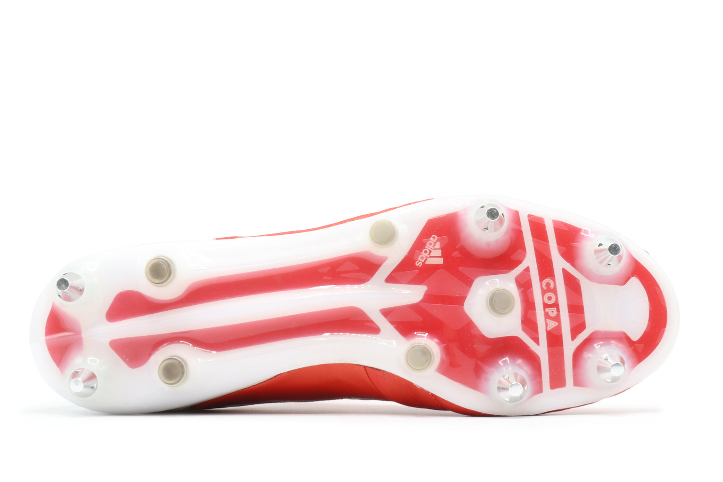 Adidas Copa 17.1 SG in the Red/Core Black/White colorway, photographed from the bottom side of the football boot, showing the soleplate