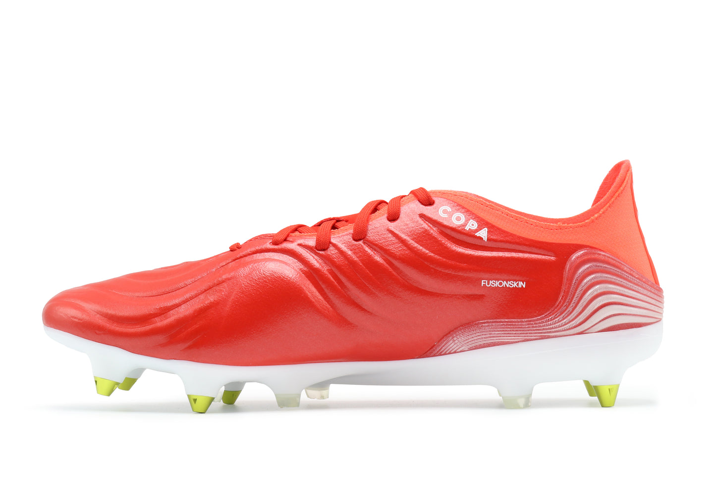 Adidas Copa Sense.1 SG in the Red/Cloud White/Solar Red colorway, photographed from the left side of the football boot