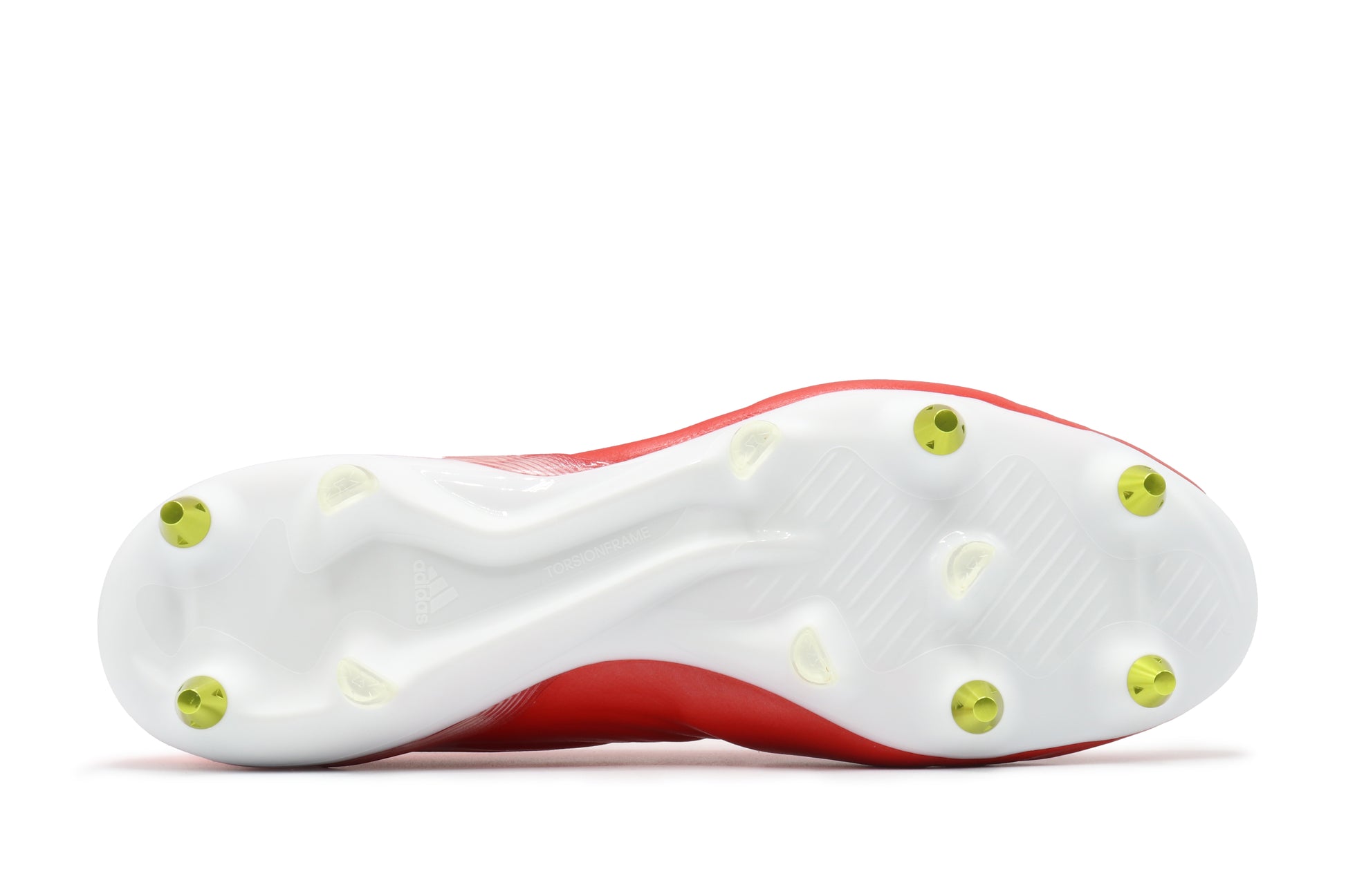 Adidas Copa Sense.1 SG in the Red/Cloud White/Solar Red colorway, photographed from the bottom side of the football boot, showing the soleplate