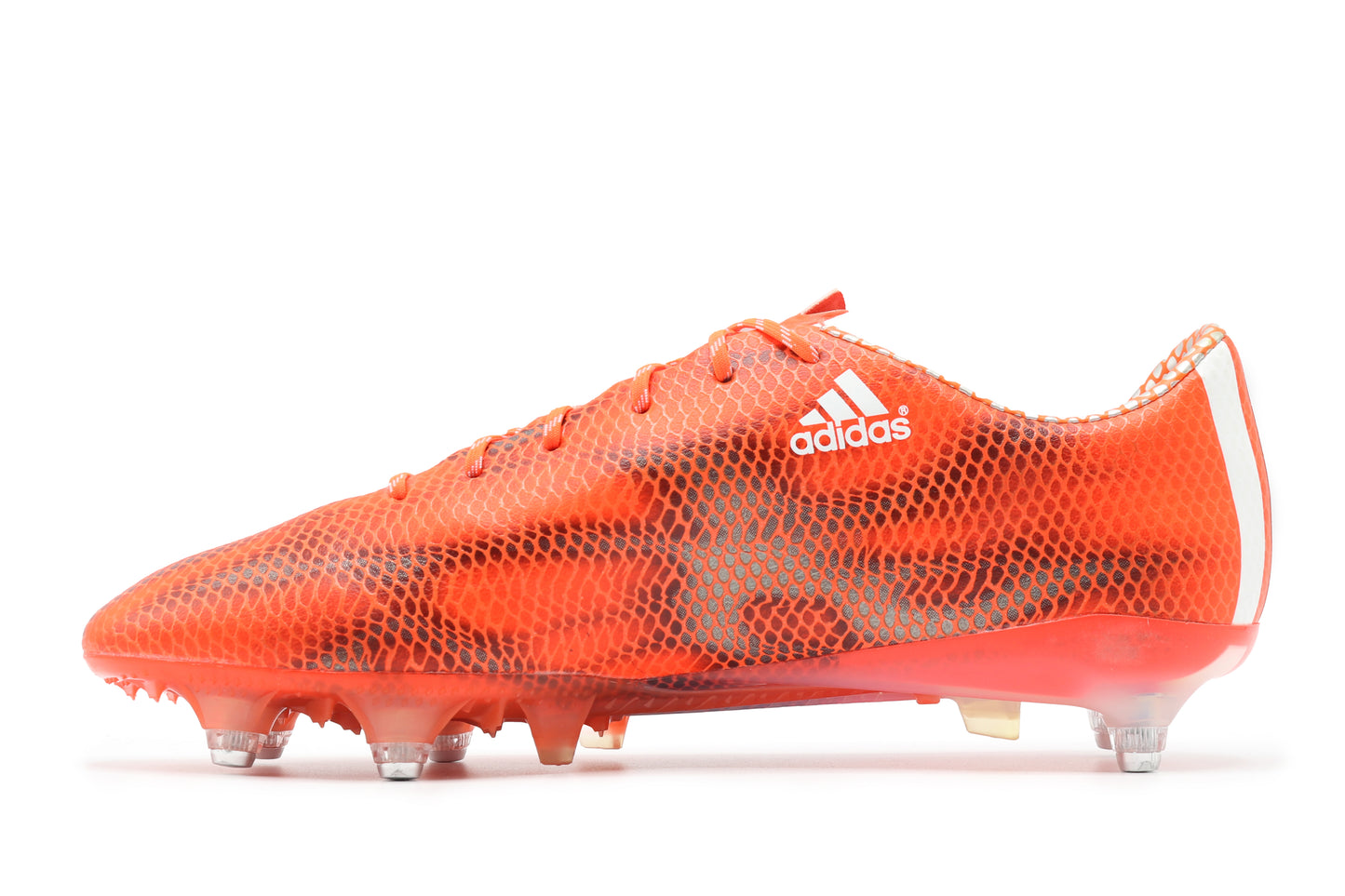 Adidas F50 Adizero 2015 SG in the Solar Red/White/Black colorway, photographed from the left side of the football boot