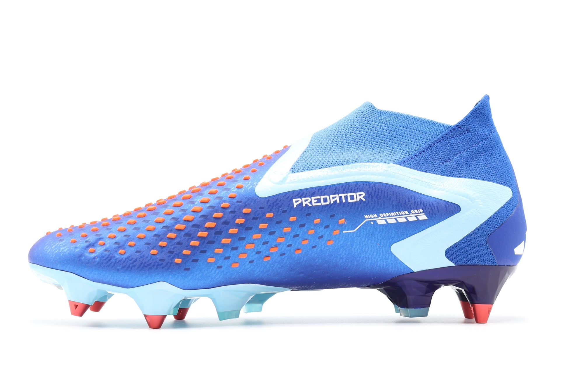 Adidas Predator Accuracy+ SG in the Bright Royal/Cloud White/Bliss Blue colorway, photographed from the left side of the football boot