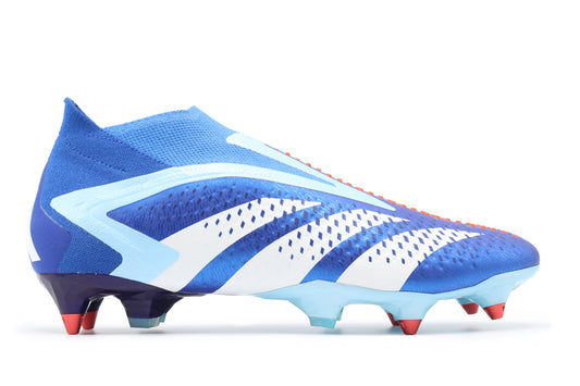 Adidas Predator Accuracy+ SG in the Bright Royal/Cloud White/Bliss Blue colorway, photographed from the right side of the football boot