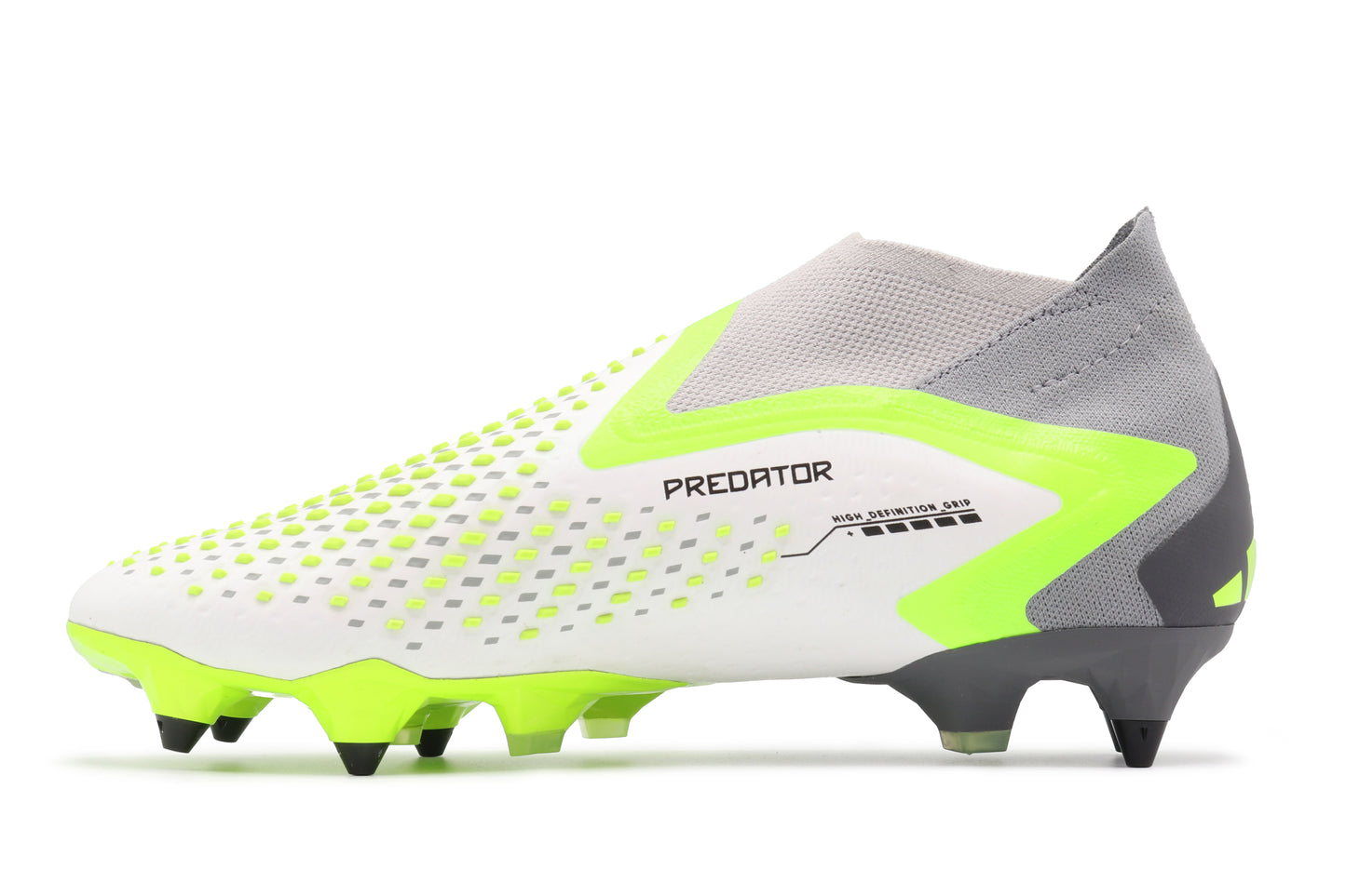 Adidas Predator Accuracy+ SG in the Cloud White/Core Black/Lucid Lemon colorway, photographed from the left side of the football boot