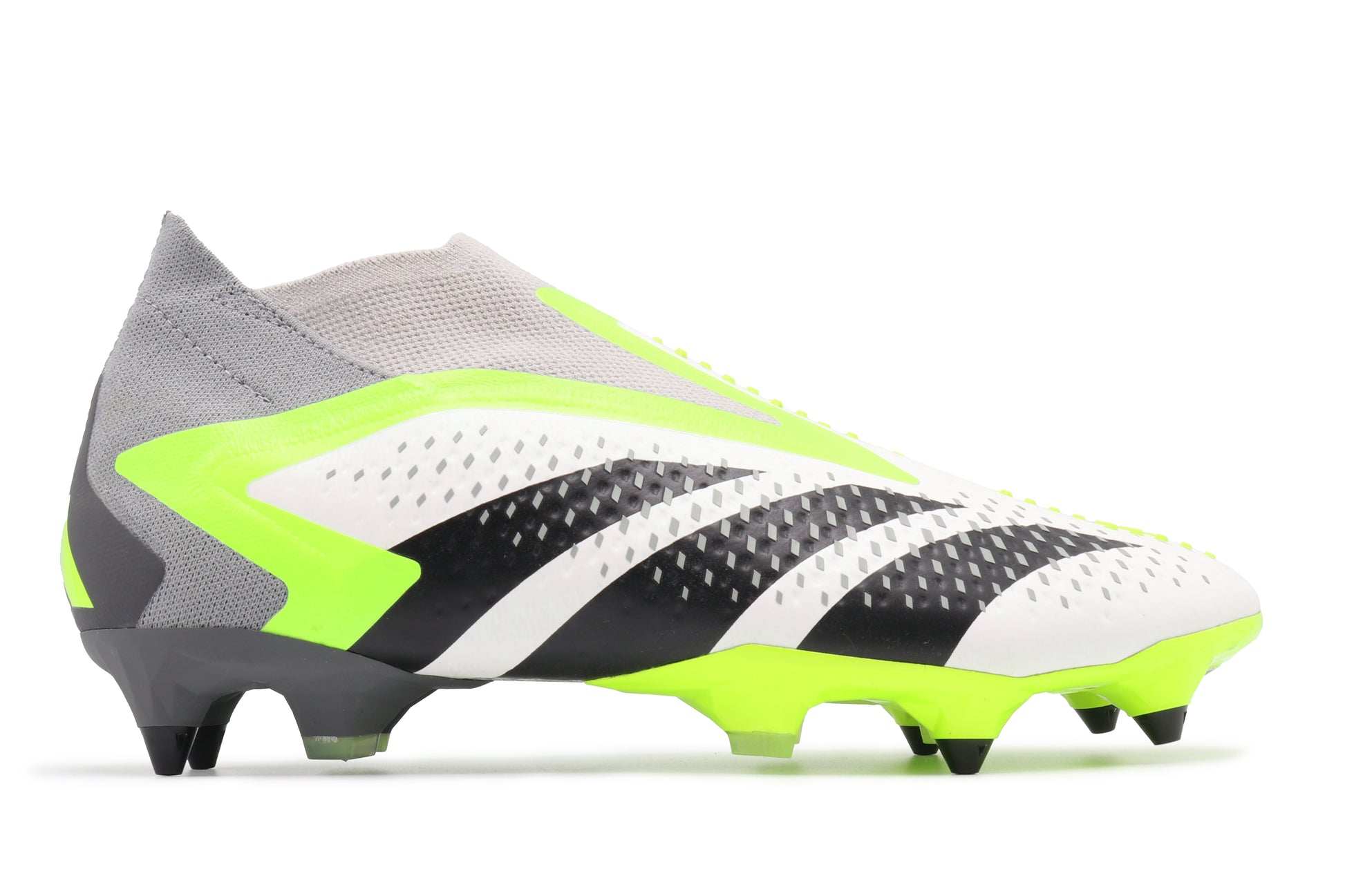 Adidas Predator Accuracy+ SG in the Cloud White/Core Black/Lucid Lemon colorway, photographed from the right side of the football boot