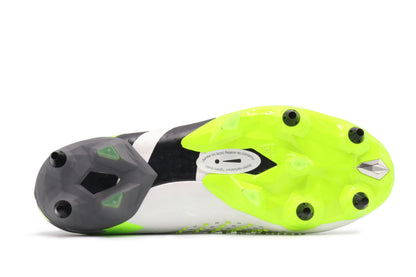 Adidas Predator Accuracy+ SG in the Cloud White/Core Black/Lucid Lemon colorway, photographed from the bottom side of the football boot, showing the soleplate