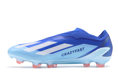 Adidas X Crazyfast.1 LL FG in the Bright Royal/Cloud White/Bliss Blue colorway, photographed from the left side of the football boot