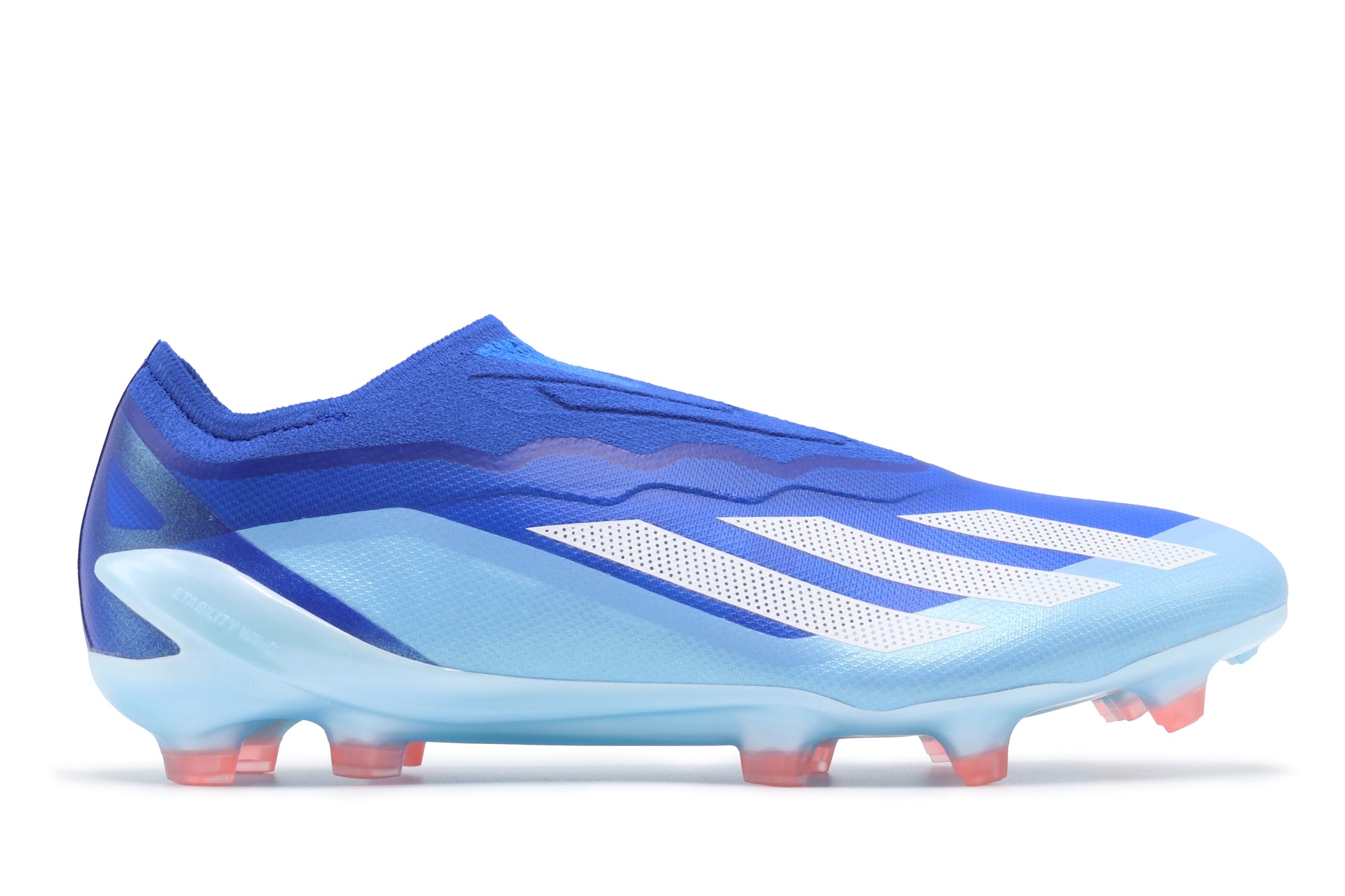 Adidas X Crazyfast.1 LL FG in the Bright Royal/Cloud White/Bliss Blue colorway, photographed from the right side of the football boot