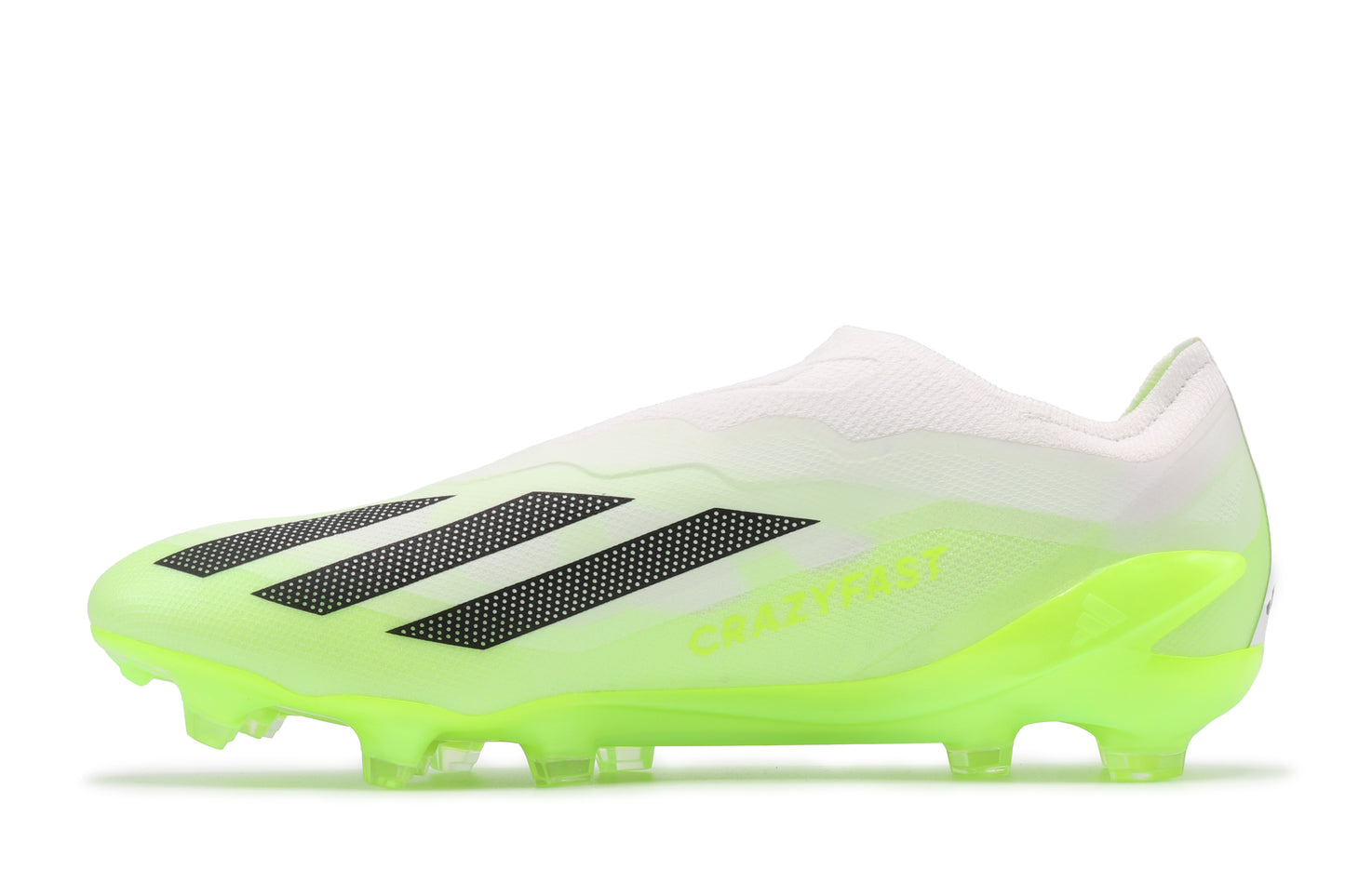 Adidas X Crazyfast.1 LL FG in the Cloud White/Core Black/Lucid Lemon colorway, photographed from the left side of the football boot