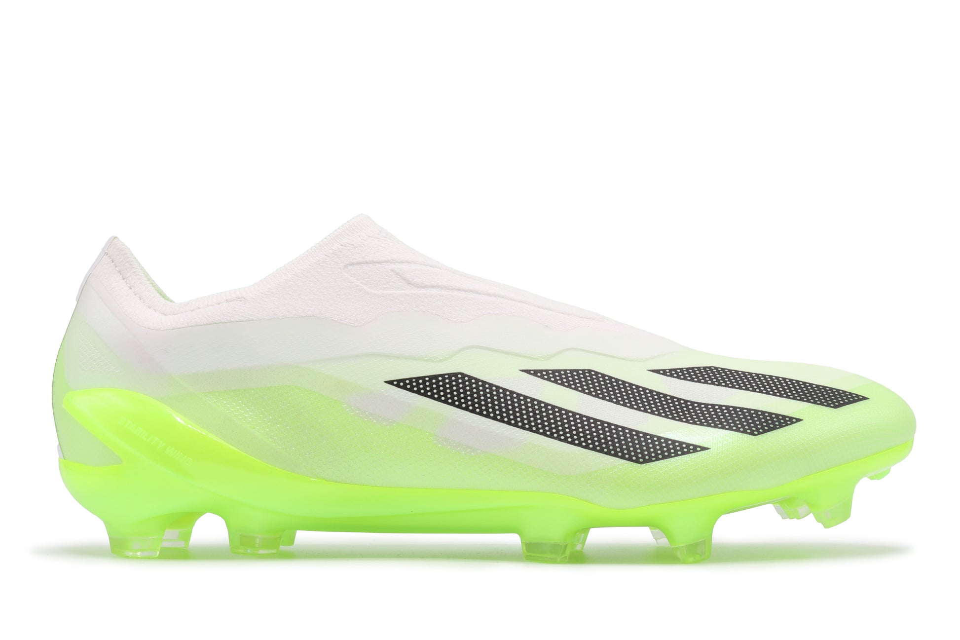 Adidas X Crazyfast.1 LL FG in the Cloud White/Core Black/Lucid Lemon colorway, photographed from the right side of the football boot