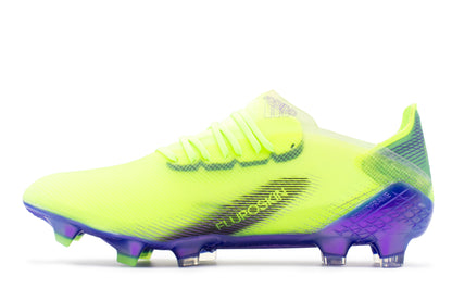 Adidas X Ghosted.1 FG in the Signal Green/Energy Ink/Semi Solar Slime colorway, photographed from the left side of the football boot