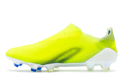 Adidas X Ghosted+ FG in the Solar Yellow/Core Black/Team Royal Blue colorway, photographed from the left side of the football boot