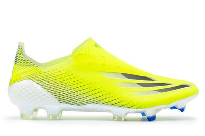 Adidas X Ghosted+ FG in the Solar Yellow/Core Black/Team Royal Blue colorway, photographed from the right side of the football boot