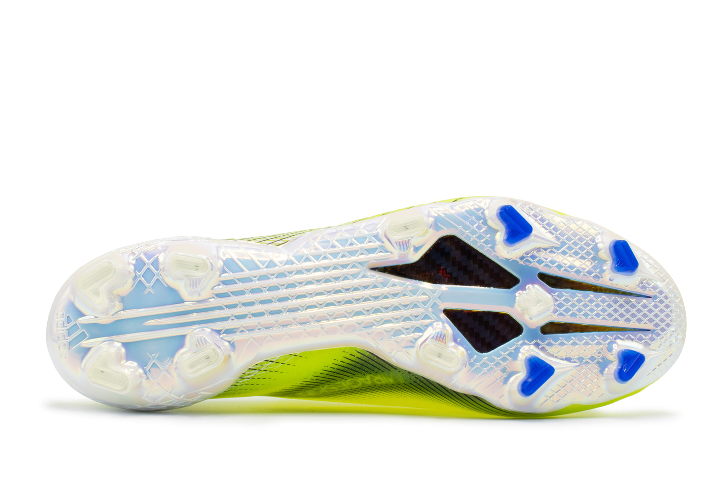 Adidas X Ghosted+ FG in the Solar Yellow/Core Black/Team Royal Blue colorway, photographed from the bottom side of the football boot, showing the soleplate