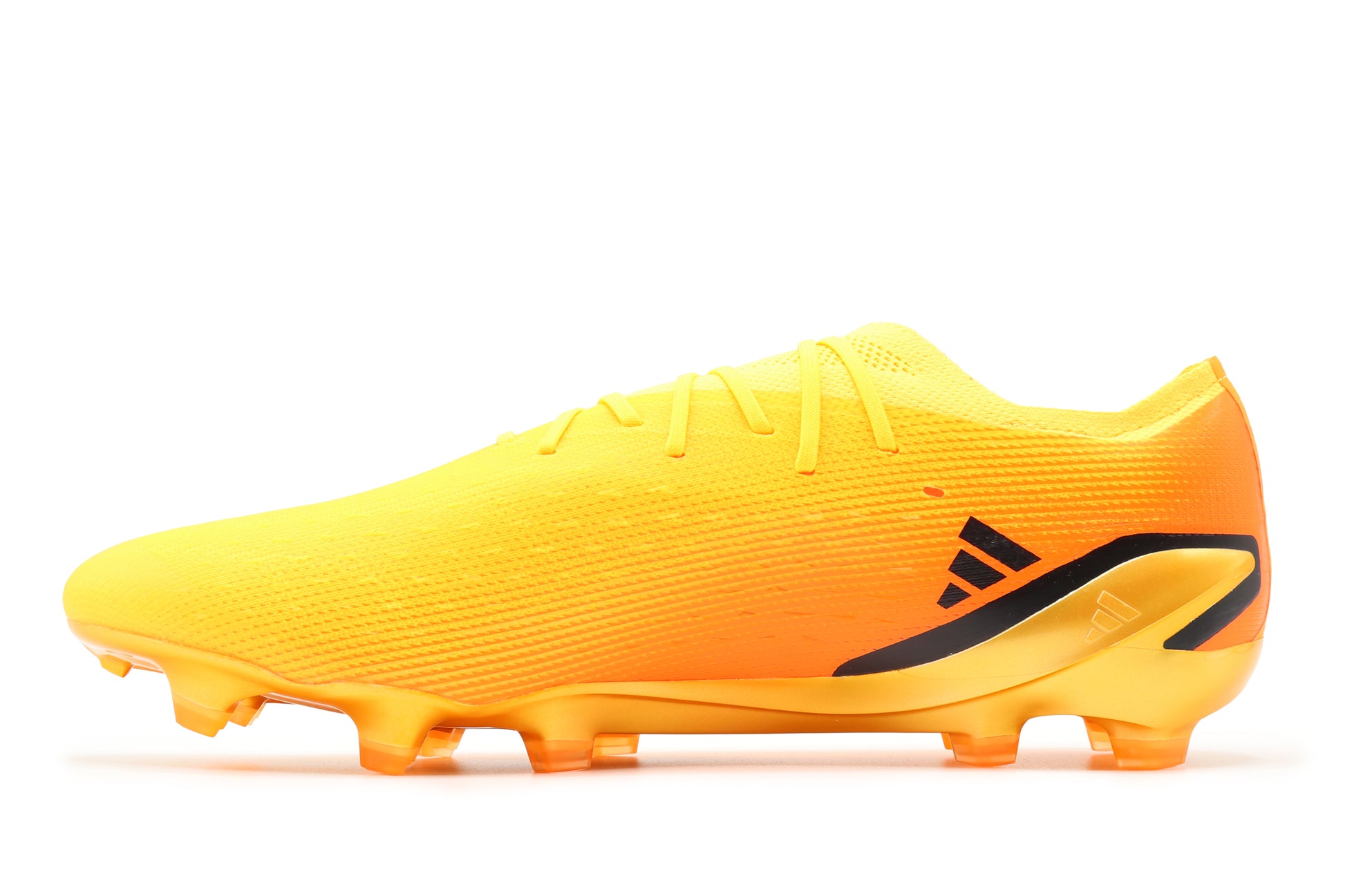 Adidas X Speedportal.1 FG in the Solar Gold/Core Black/Team Solar Orange colorway, photographed from the left side of the football boot