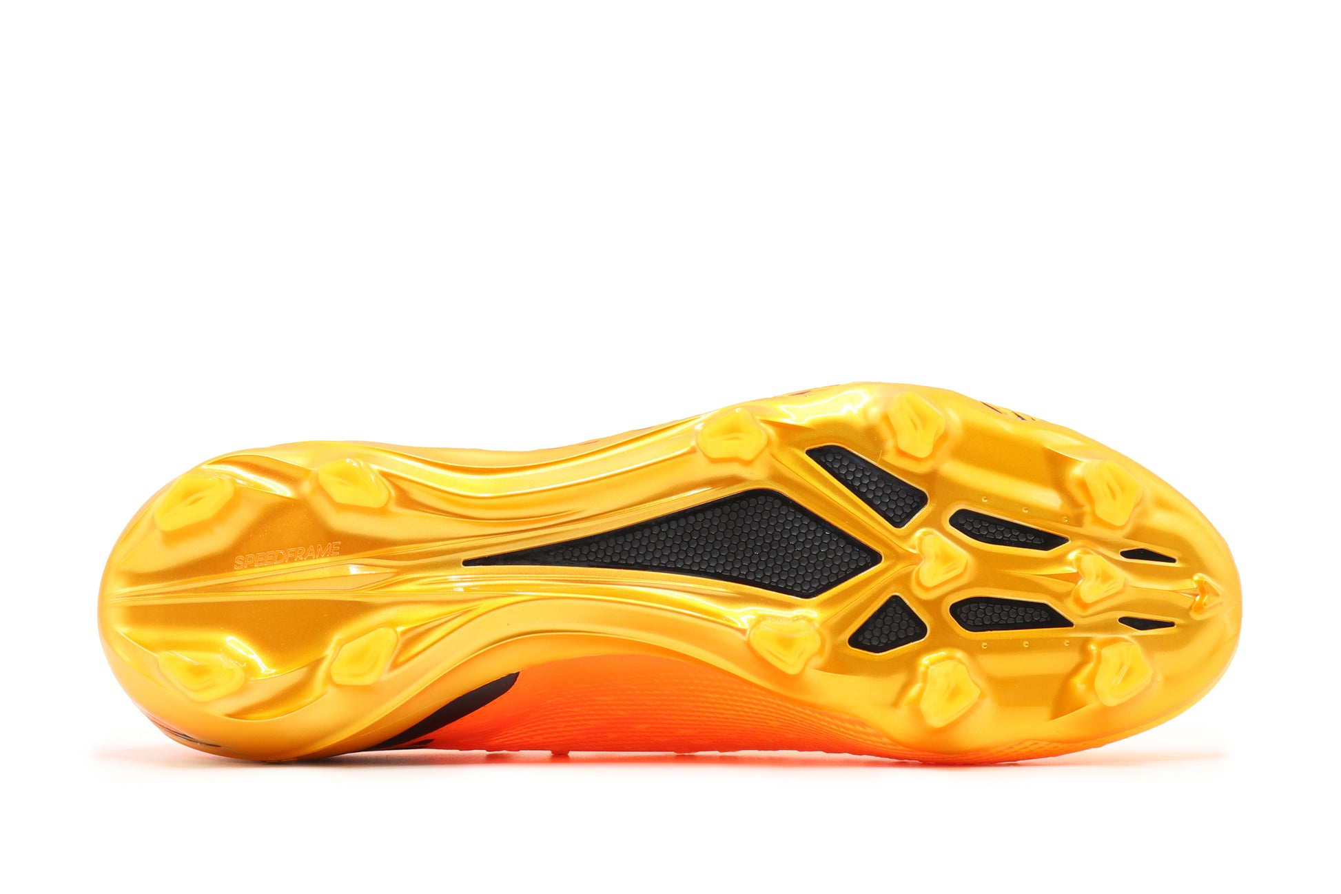 Adidas X Speedportal.1 FG in the Solar Gold/Core Black/Team Solar Orange colorway, photographed from the bottom side of the football boot, showing the soleplate