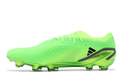 Adidas X Speedportal.1 FG in the Solar Green/Core Black/Solar Yellow colorway, photographed from the left side of the football boot