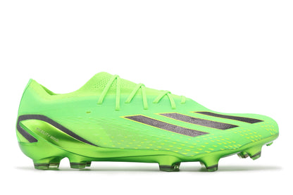 Adidas X Speedportal.1 FG in the Solar Green/Core Black/Solar Yellow colorway, photographed from the right side of the football boot