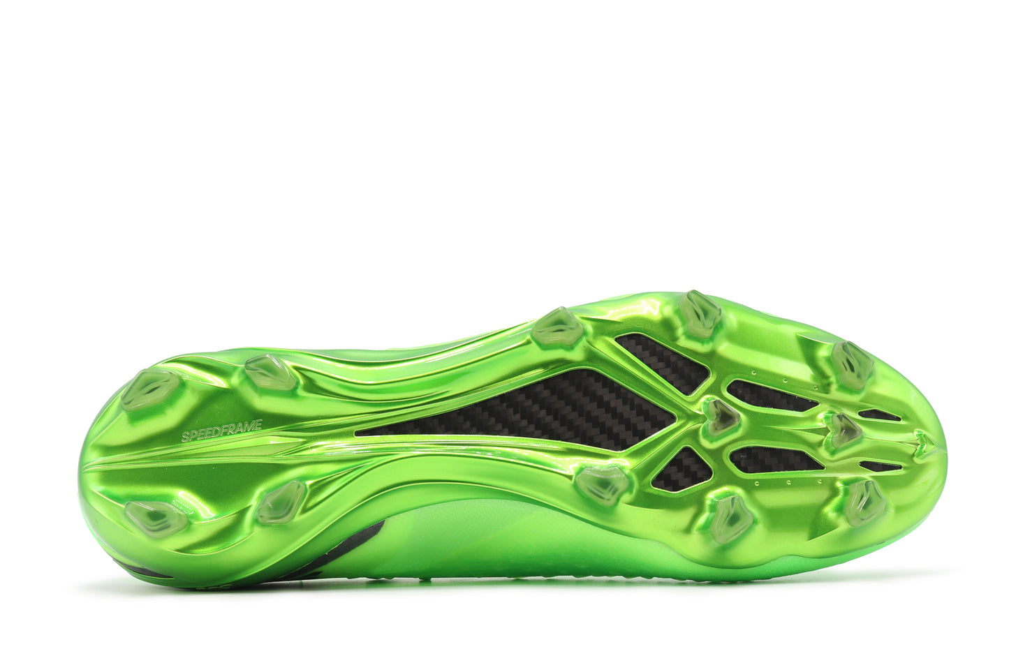 Adidas X Speedportal.1 FG in the Solar Green/Core Black/Solar Yellow colorway, photographed from the bottom side of the football boot, showing the soleplate