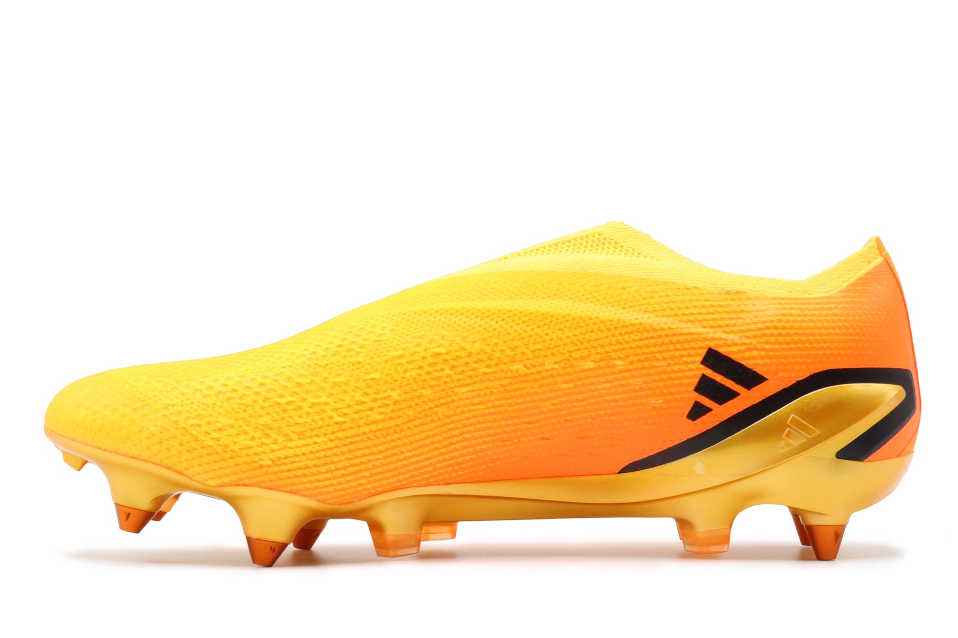 Adidas X Speedportal+ SG in the Solar Gold/Core Black/Team Solar Orange colorway, photographed from the left side of the football boot