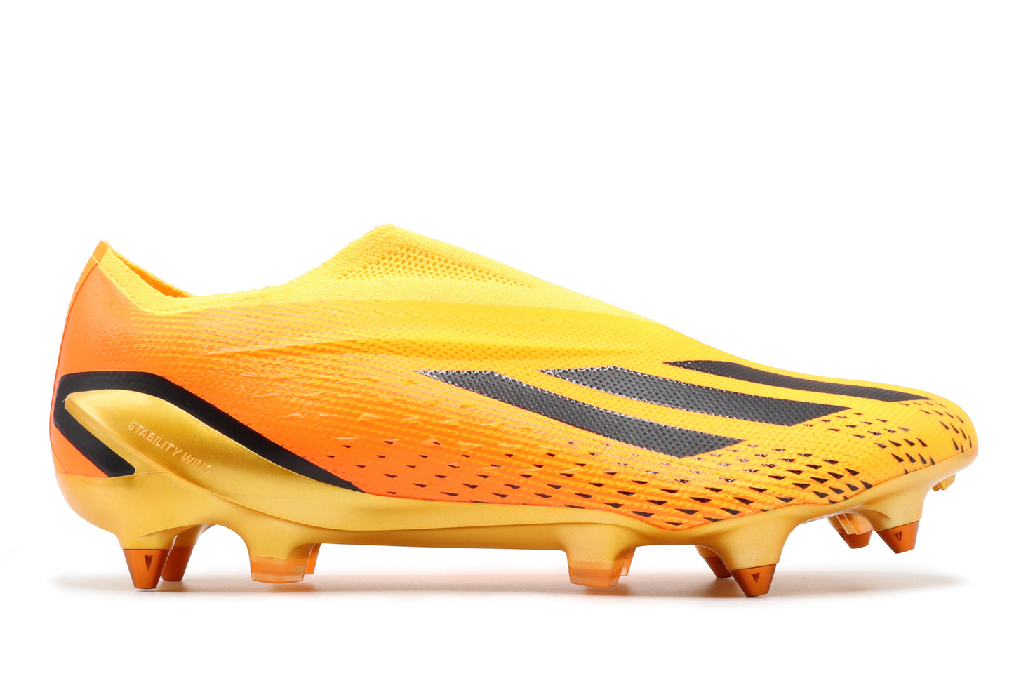 Adidas X Speedportal+ SG in the Solar Gold/Core Black/Team Solar Orange colorway, photographed from the right side of the football boot