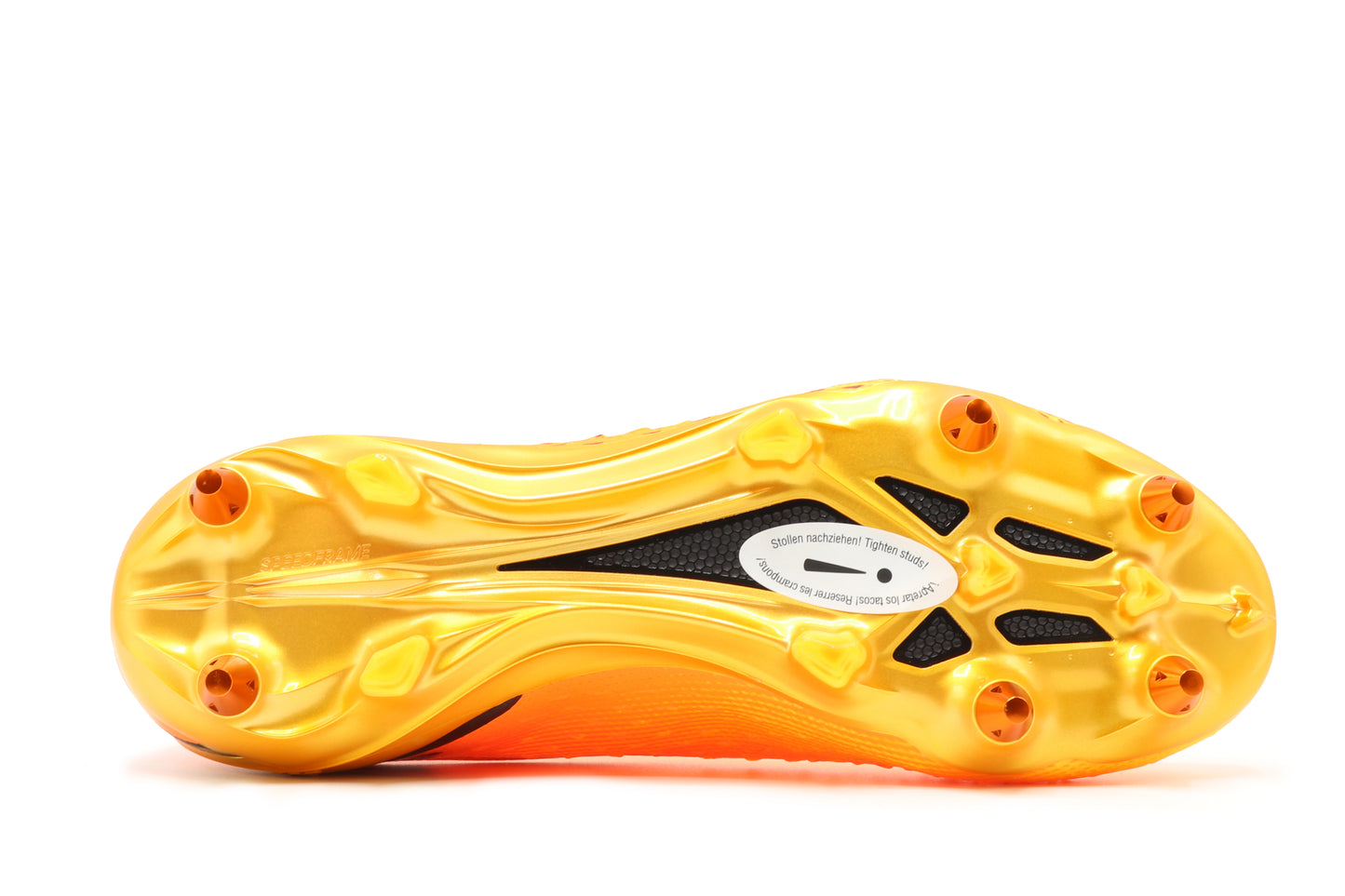 Adidas X Speedportal+ SG in the Solar Gold/Core Black/Team Solar Orange colorway, photographed from the bottom side of the football boot, showing the soleplate