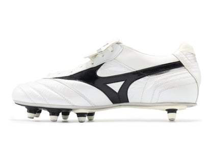 Mizuno Morelia Made In Japan SG in the White/Black/Silver colorway, photographed from the left side of the football boot