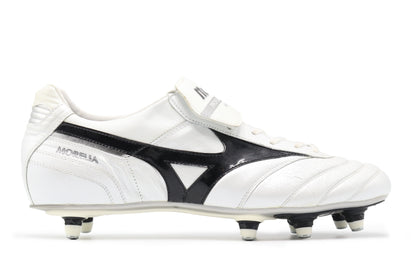 Mizuno Morelia Made In Japan SG in the White/Black/Silver colorway, photographed from the right side of the football boot