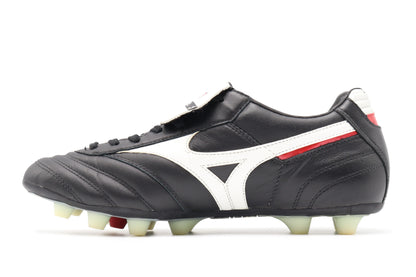 Mizuno Morelia MD FG/AG in the Black/White/Red colorway, photographed from the left side of the football boot