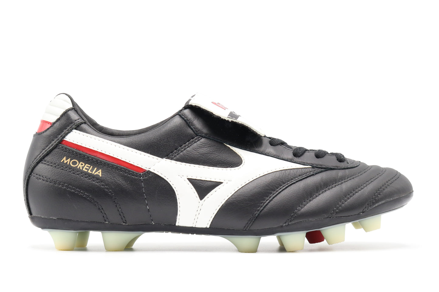 Mizuno Morelia MD FG/AG in the Black/White/Red colorway, photographed from the right side of the football boot