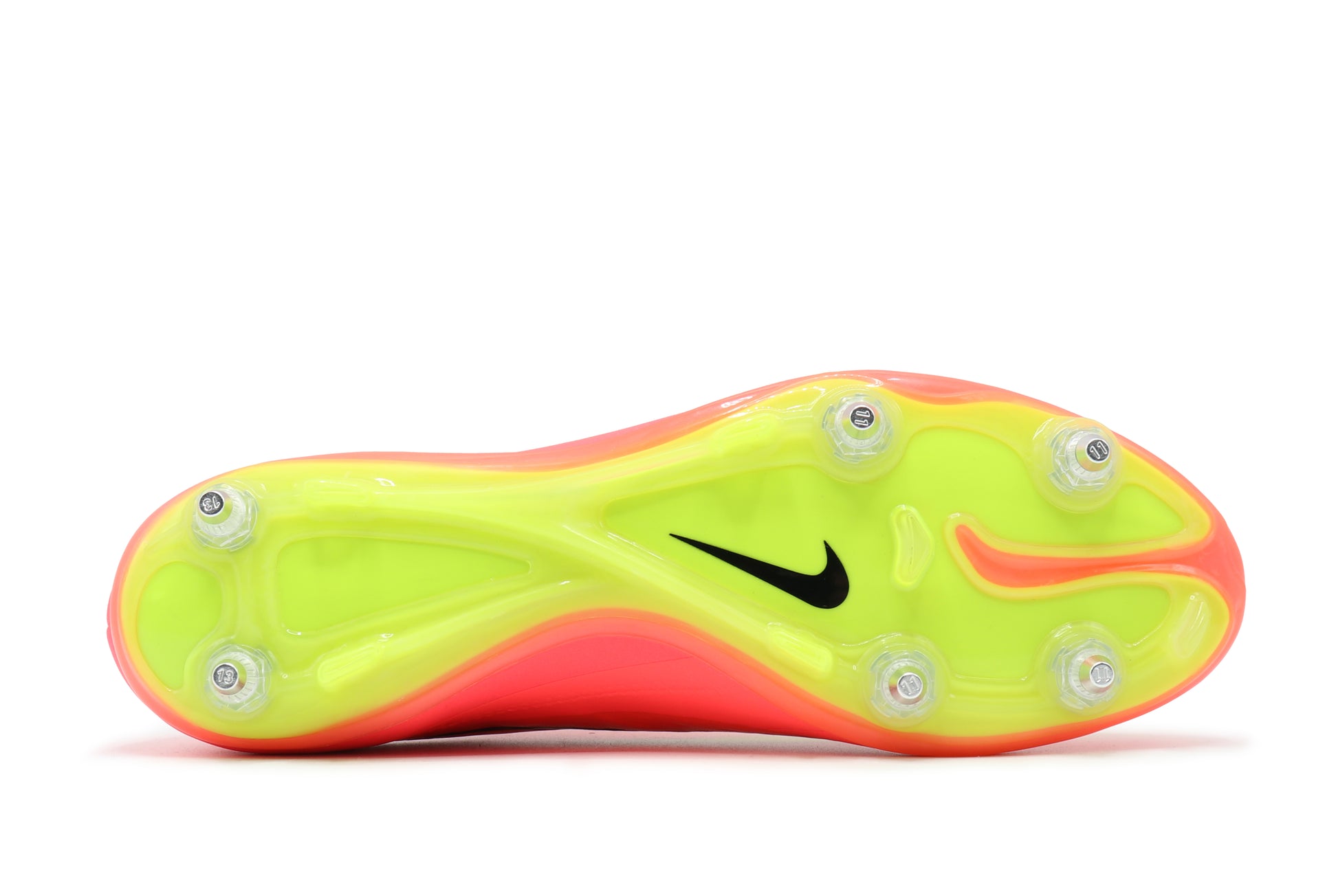 Nike Hypervenom Phatal SG-Pro 'Sample', in the Bright Crimson/Volt/Black colorway, photographed from the bottom side of the football boot, showing the soleplate