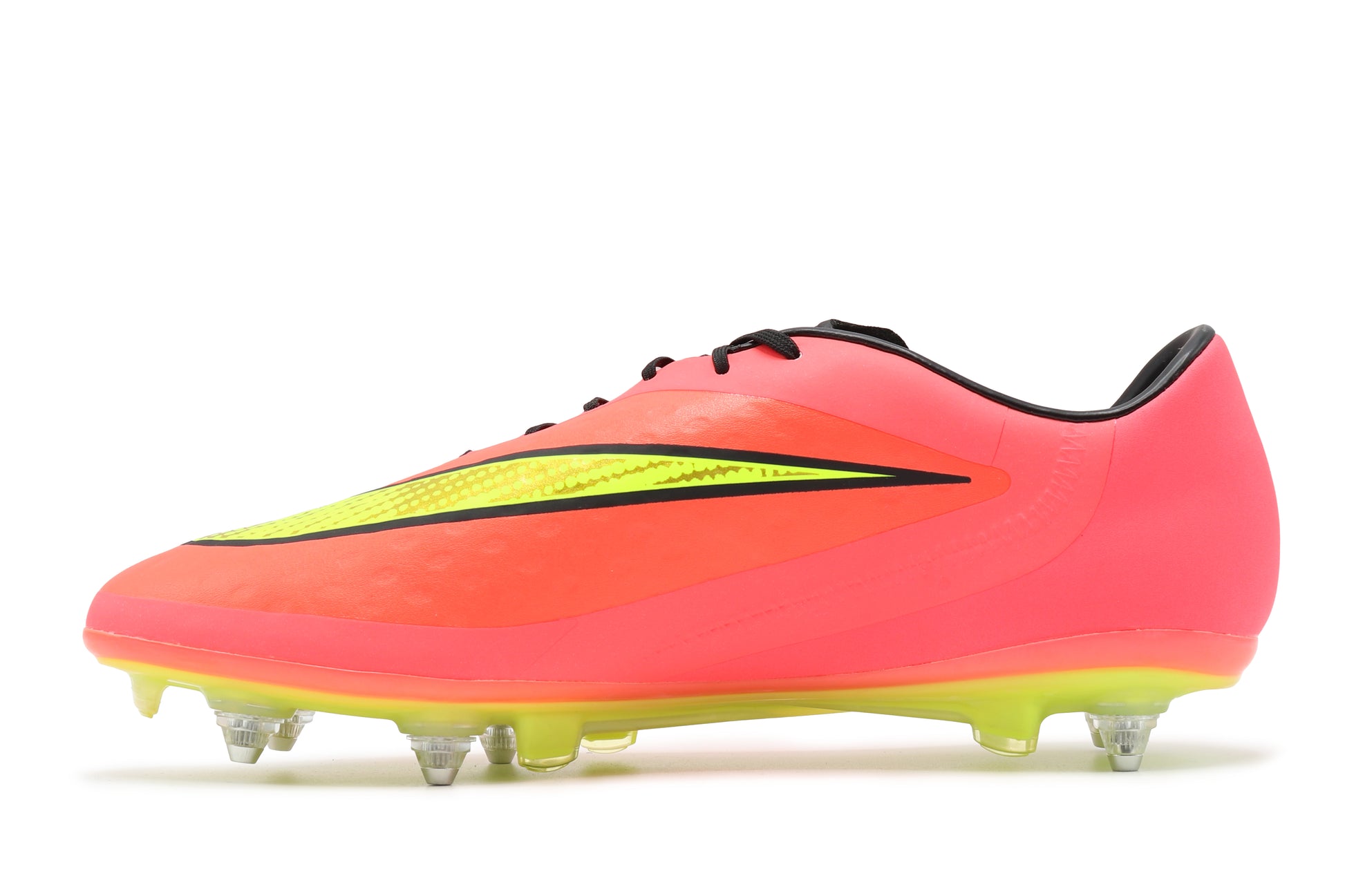 Nike Hypervenom Phatal SG-Pro 'Sample', in the Bright Crimson/Volt/Black colorway, photographed from the left side of the football boot