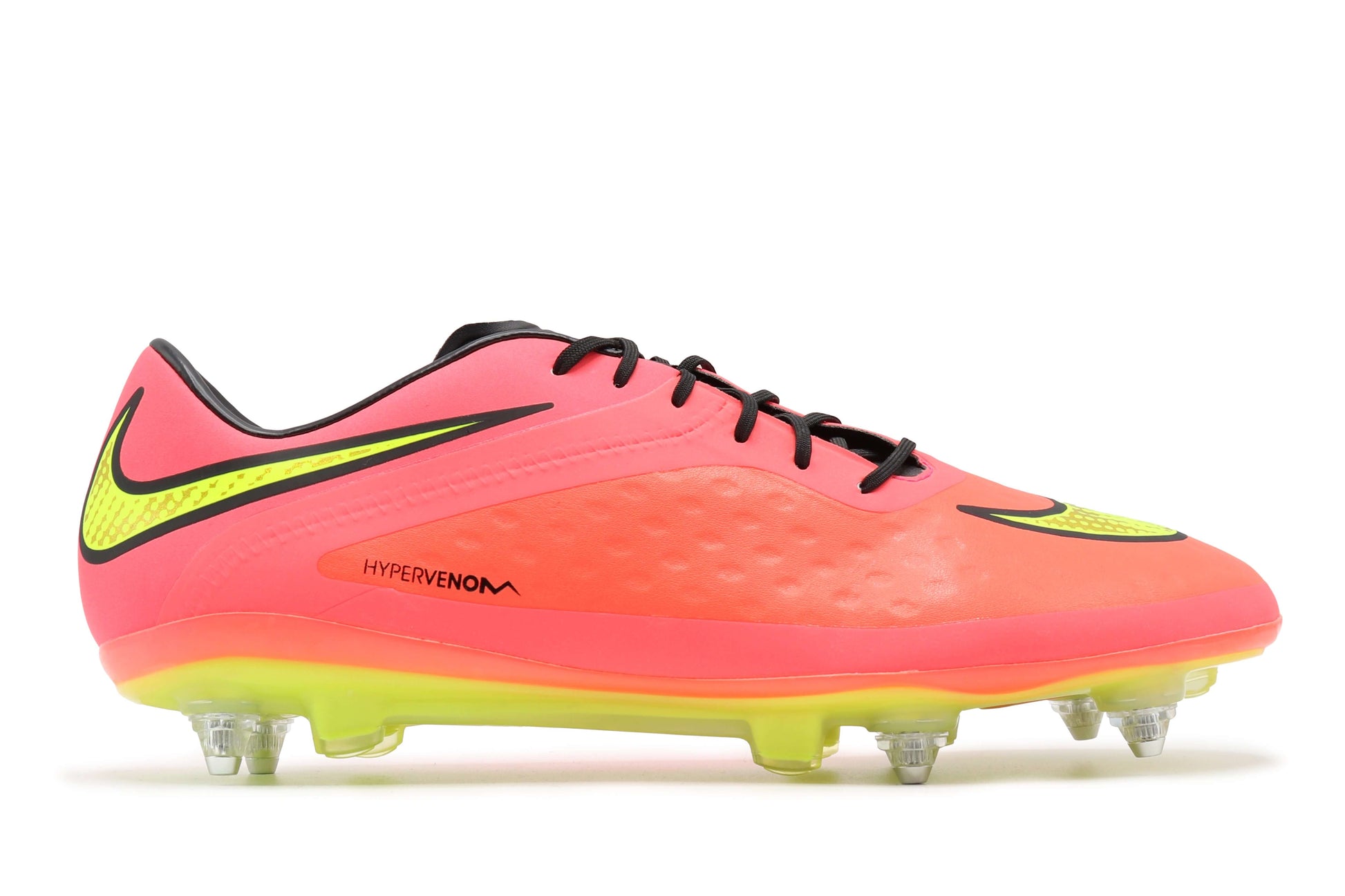 Nike Hypervenom Phatal SG-Pro 'Sample', in the Bright Crimson/Volt/Black colorway, photographed from the right side of the football boot