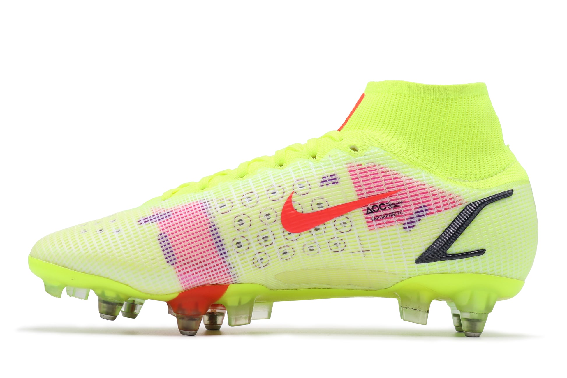 Nike Mercurial Superfly 8 SG-Pro AC, Volt/Bright Crimson/Black colorway, photographed from the left side of the football boot