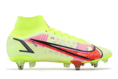 Nike Mercurial Superfly 8 SG-Pro AC, Volt/Bright Crimson/Black colorway, photographed from the right side of the football boot