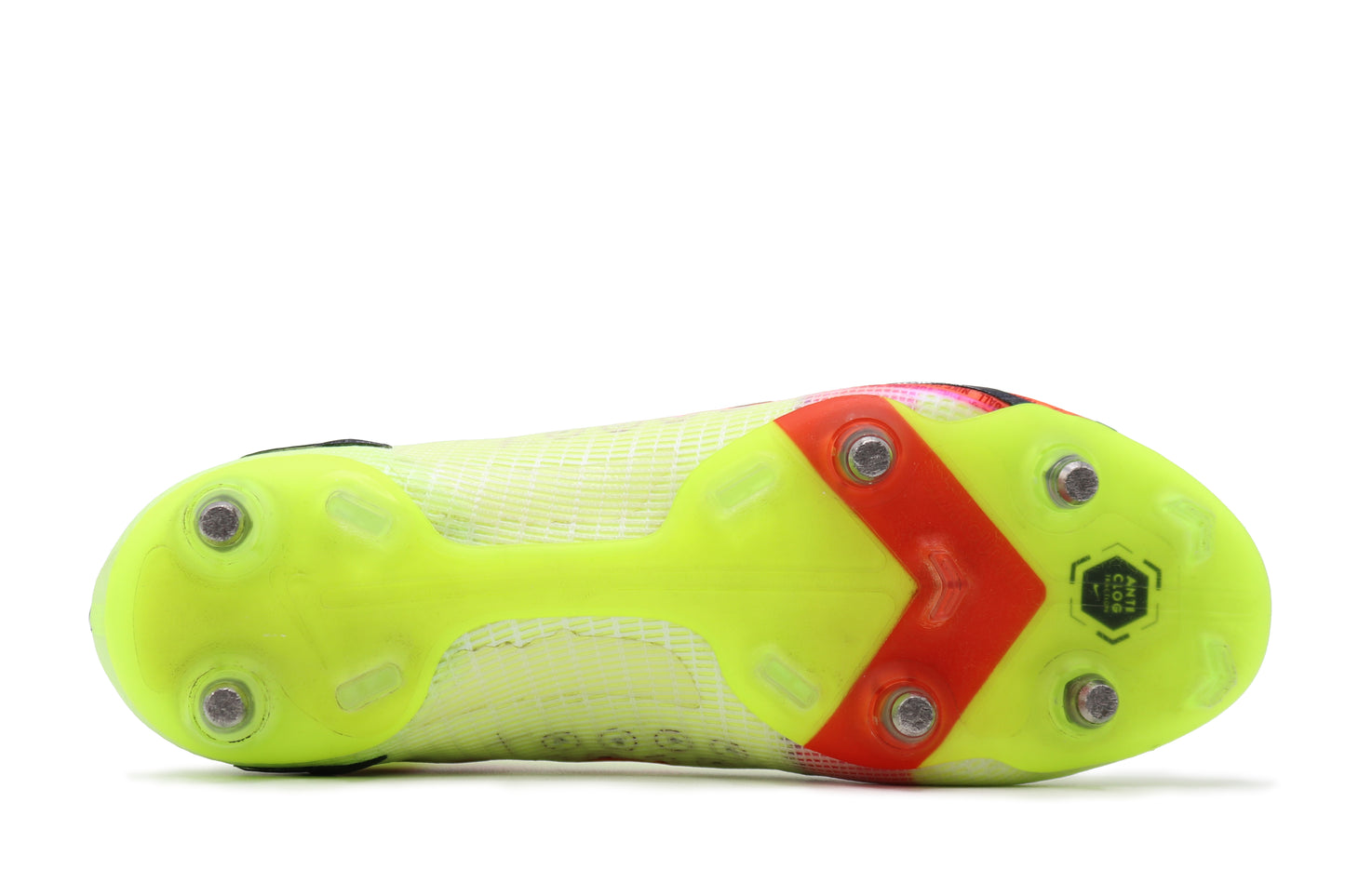 Nike Mercurial Superfly 8 SG-Pro AC, Volt/Bright Crimson/Black colorway, photographed from the bottom side of the football boot, showing the soleplate