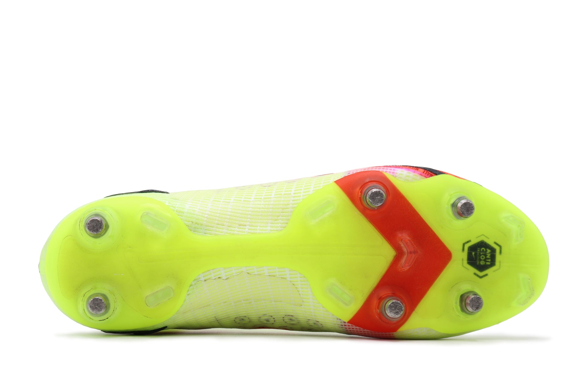 Nike Mercurial Superfly 8 SG-Pro AC, Volt/Bright Crimson/Black colorway, photographed from the bottom side of the football boot, showing the soleplate