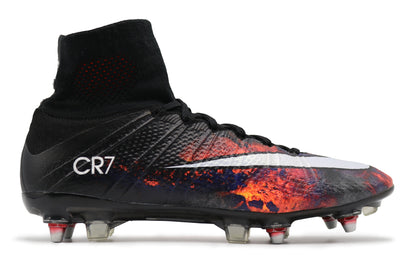 Nike Mercurial Superfly IV Savage Beauty SG, in the Black/White/Total Crimson/Vivid Purple colorway, photographed from the right side of the football boot