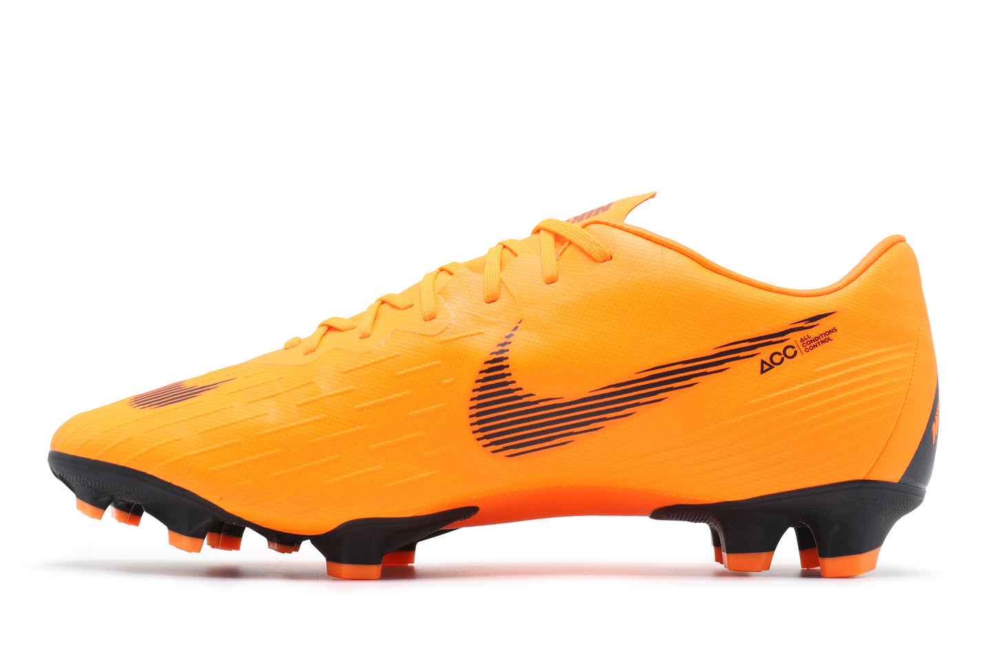 Nike Mercurial Vapor 12 Pro FG, in the Total Orange/Black colorway, photographed from the left side of the football boot