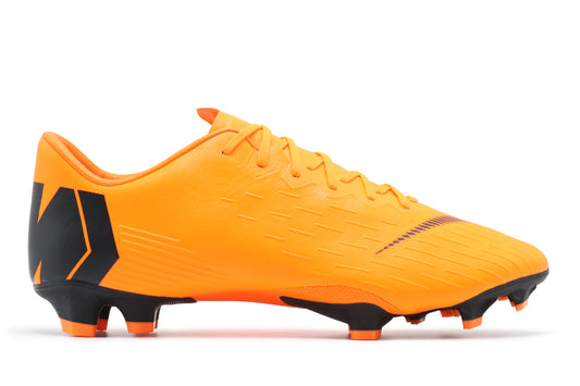 Nike Mercurial Vapor 12 Pro FG, in the Total Orange/Black colorway, photographed from the right side of the football boot