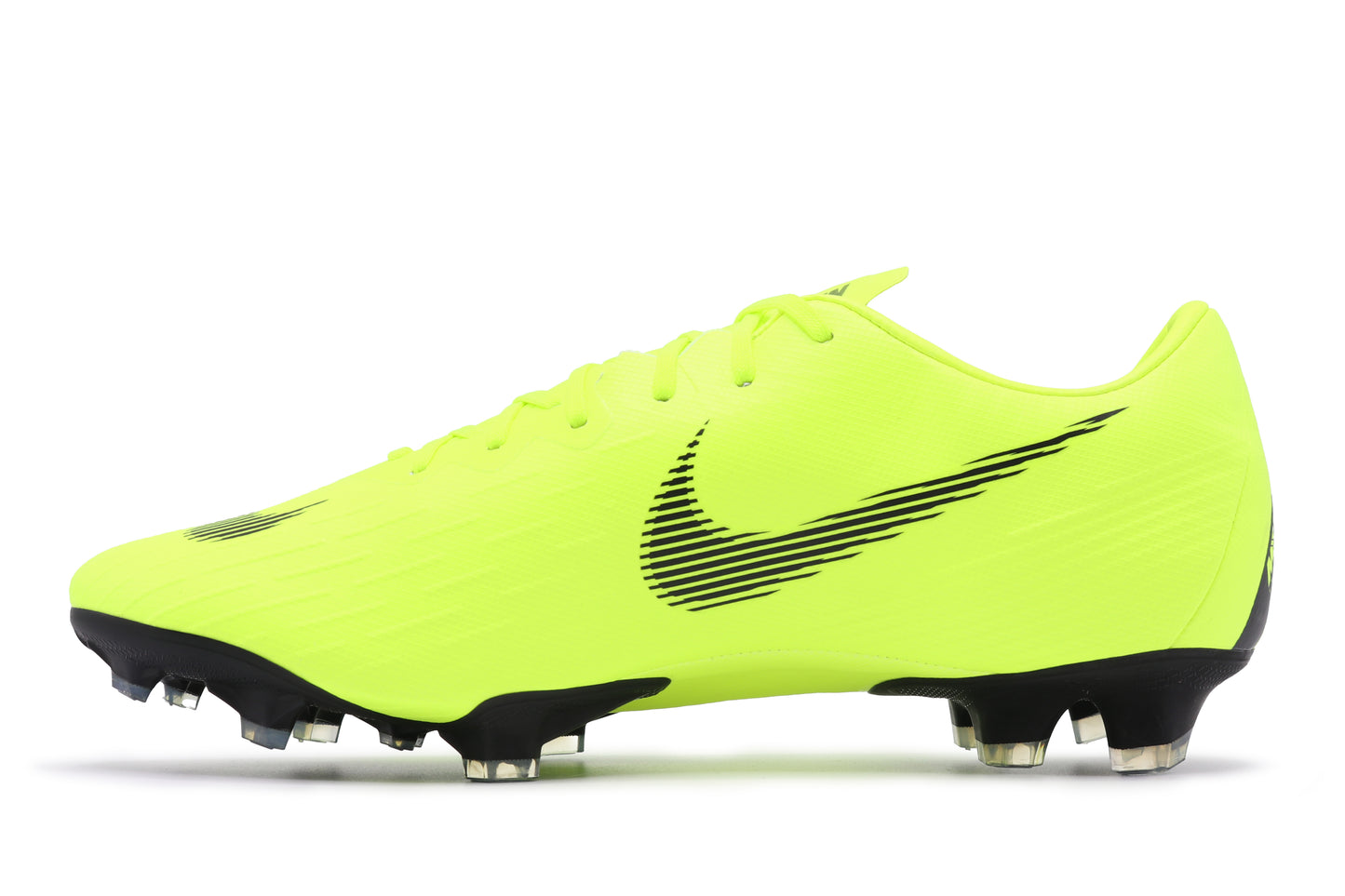 Nike Mercurial Vapor 12 Pro FG, in the Volt/Black colorway, photographed from the left side of the football boot