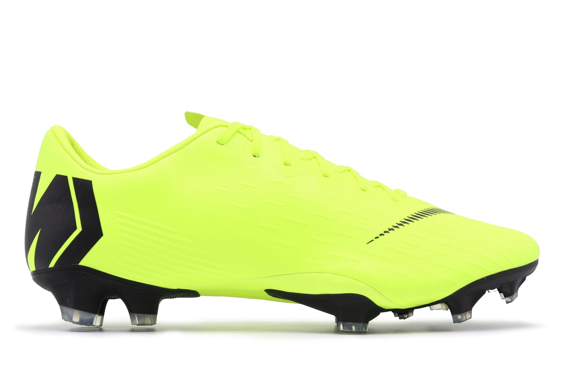 Nike Mercurial Vapor 12 Pro FG, in the Volt/Black colorway, photographed from the right side of the football boot