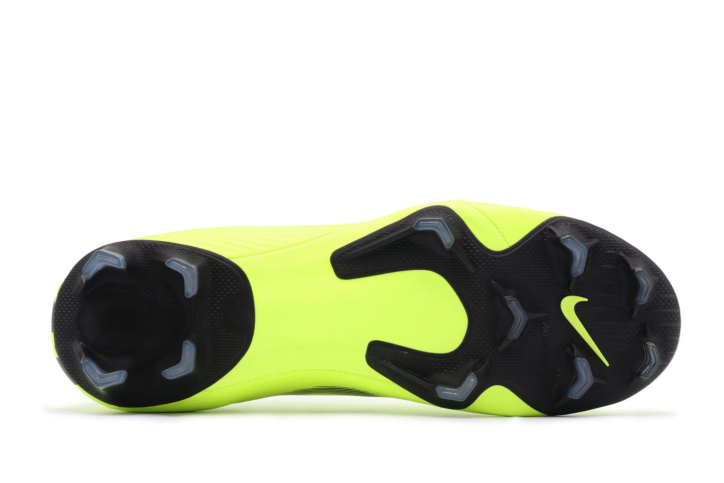 Nike Mercurial Vapor 12 Pro FG, in the Volt/Black colorway, photographed from the bottom side of the football boot, showing the soleplate