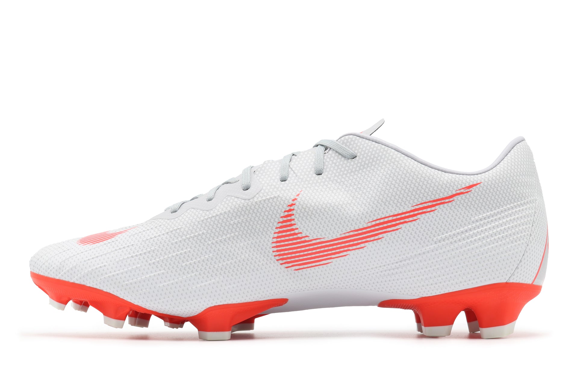 Nike Mercurial Vapor 12 Pro FG, in the Wolf Grey/Light Crimson, Pure Platinum colorway, photographed from the left side of the football boot