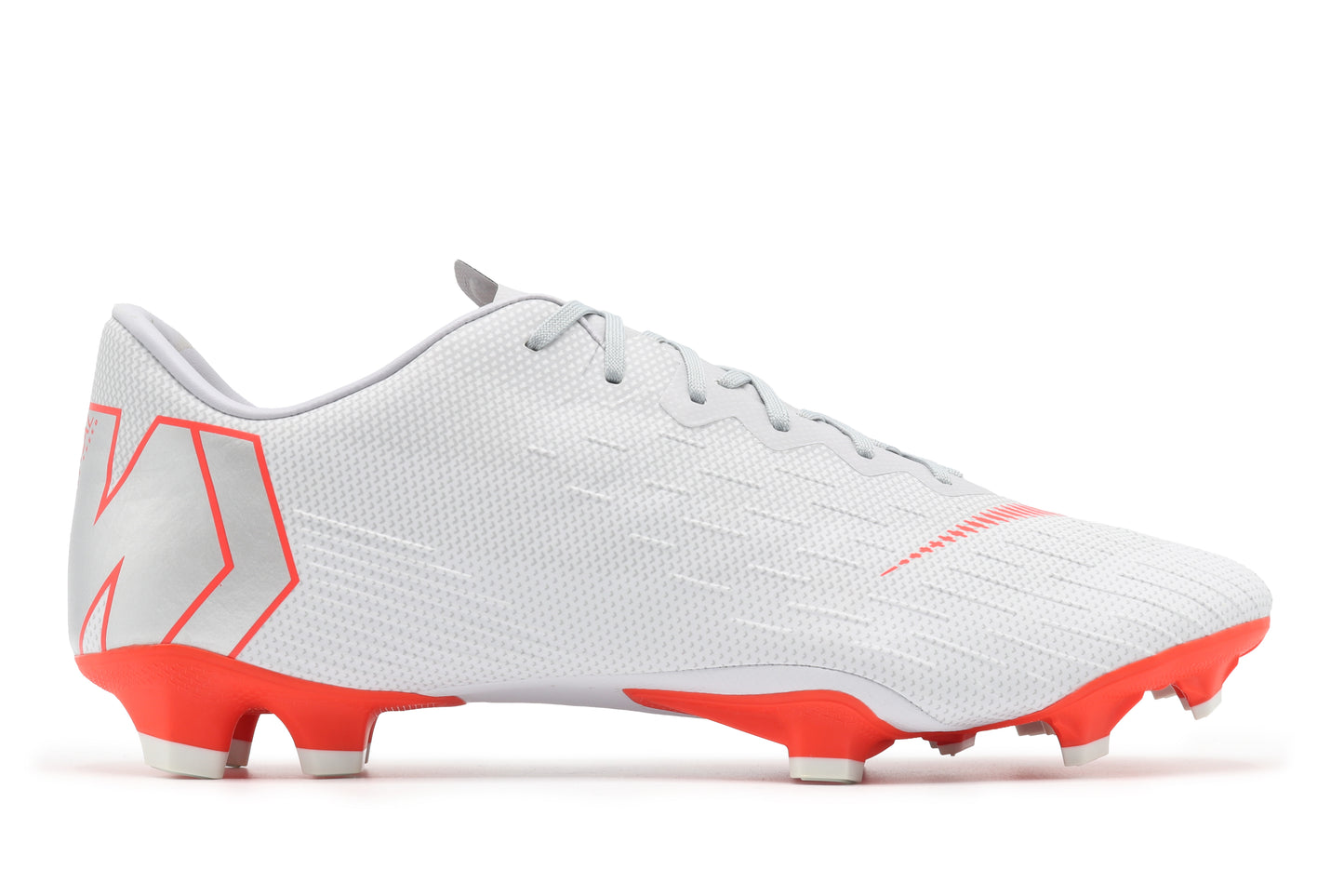 Nike Mercurial Vapor 12 Pro FG, in the Wolf Grey/Light Crimson, Pure Platinum colorway, photographed from the right side of the football boot