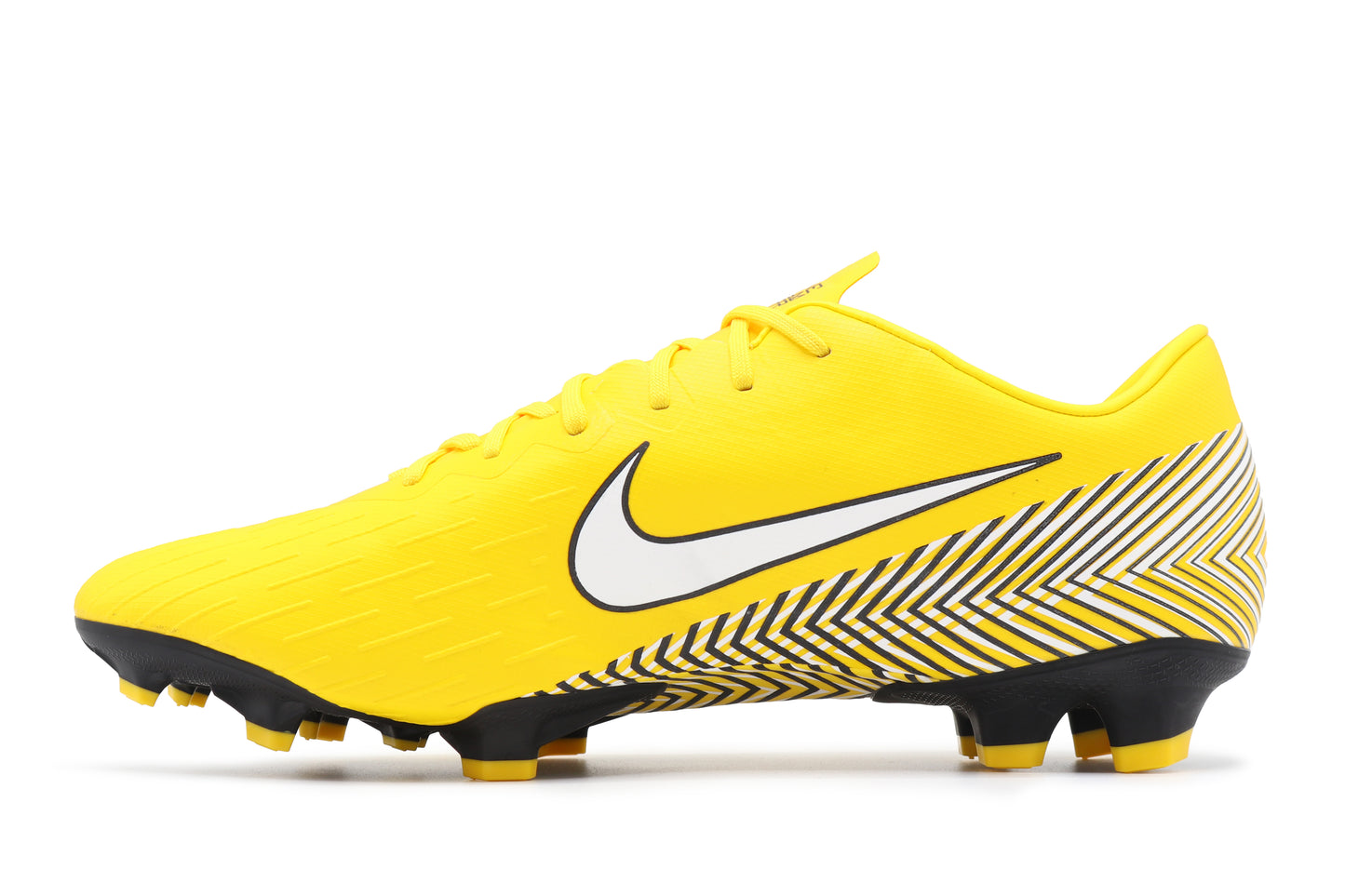 Nike Mercurial Vapor 12 Pro NJR FG, in the Amarillo/White-Black colorway, photographed from the left side of the football boot