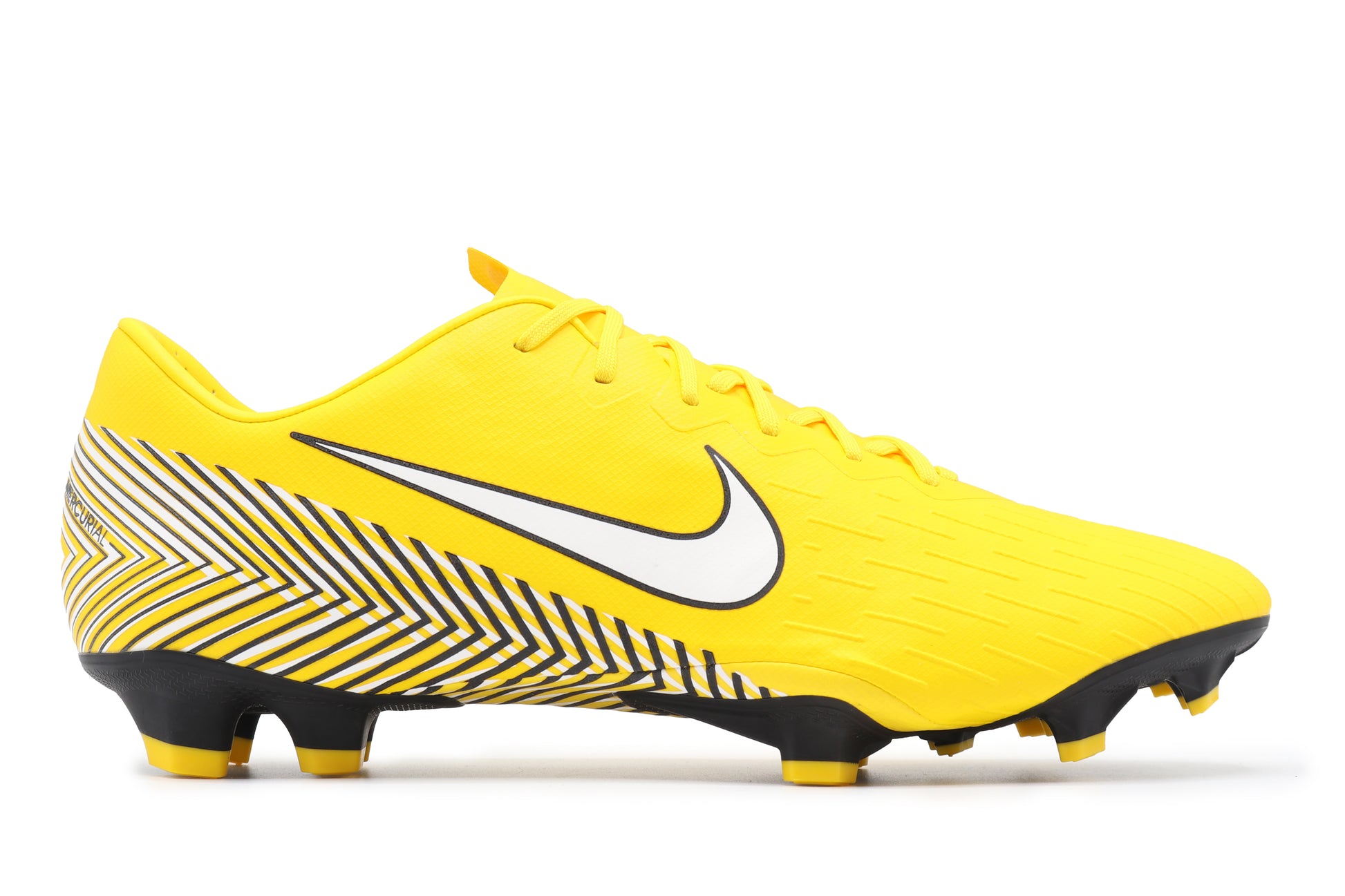 Nike Mercurial Vapor 12 Pro NJR FG, in the Amarillo/White-Black colorway, photographed from the right side of the football boot