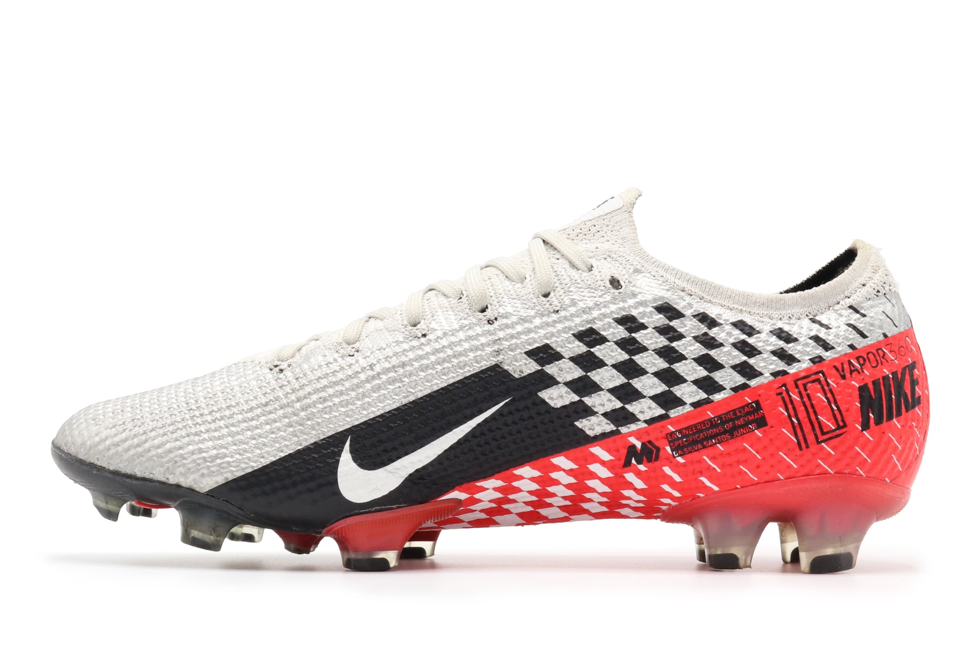 Nike Mercurial Vapor 13 Elite NJR FG, in the Chrome/Black/Red Orbit/ Platinum Tint colorway, photographed from the left side of the football boot