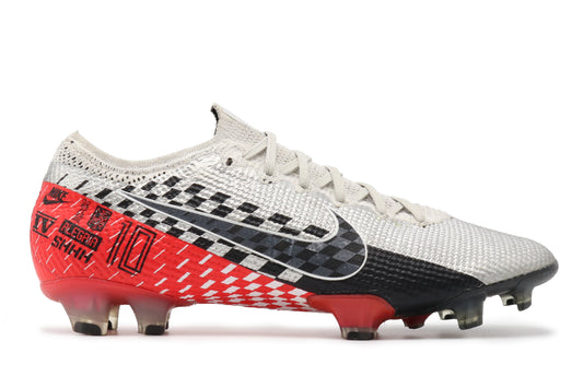 Nike Mercurial Vapor 13 Elite NJR FG, in the Chrome/Black/Red Orbit/ Platinum Tint colorway, photographed from the right side of the football boot