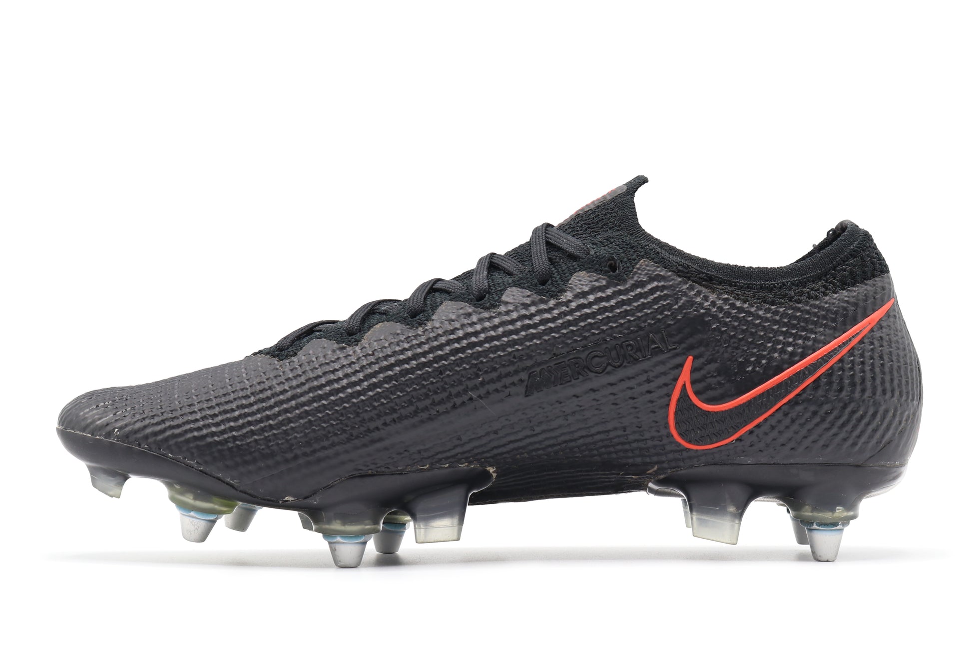 Nike Mercurial Vapor 13 Elite SG-Pro AC, in the Black/Chile Red/Dark Smoked Grey colorway, photographed from the left side of the football boot