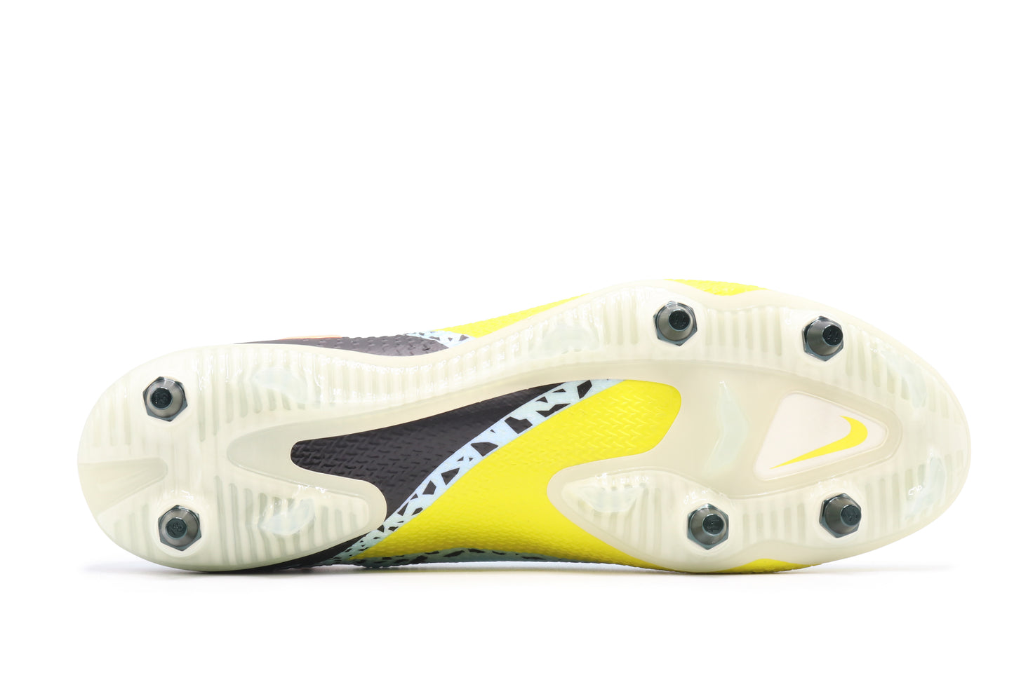 Nike Phantom GT II SG-Pro, in the Glacier Ice/Black/Yellow Strike colorway, photographed from the bottom side of the football boot, showing the soleplate